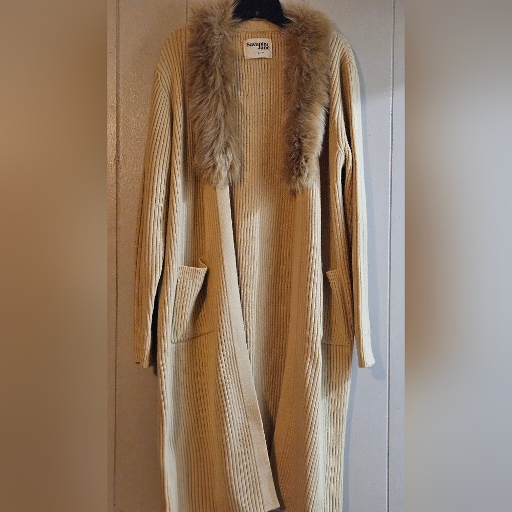 Savanna Jane Open Front Sweater with Faux Fur Trim and Pockets - Size Large